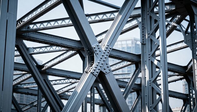 Medium shot of an architectural steel framework illustrating the fusion of complex geometries in truss design underscoring engineered stability and modern construction techniques.