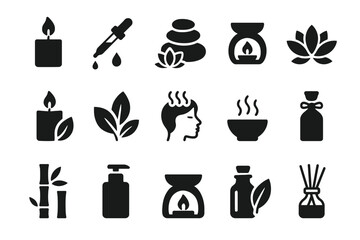 Spa and aromatherapy icons: candles, essential oils, leaves, bamboo, diffusers