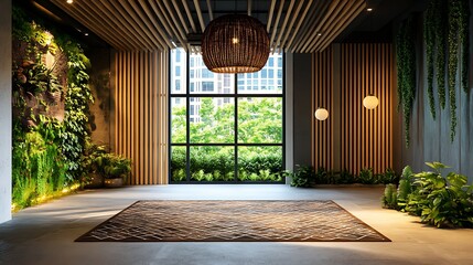 Spacious interior featuring living walls, stylish lighting, large windows with bright green outdoor view