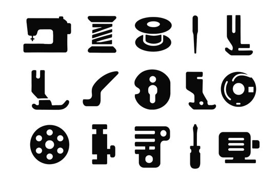 Sewing machine parts silhouettes: needles, bobbins, and foot pedals in black icons