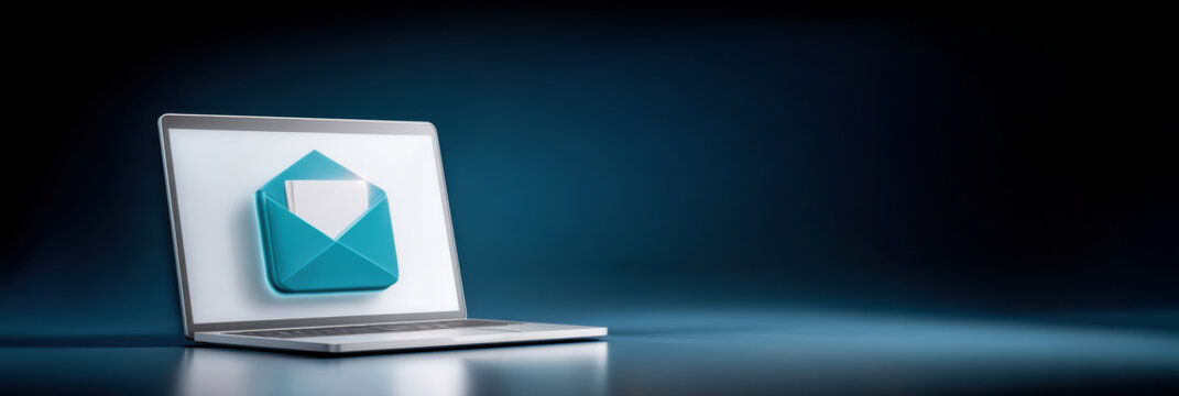 Data blue envelope icon laptop screen glowing against dark background conveying digital message