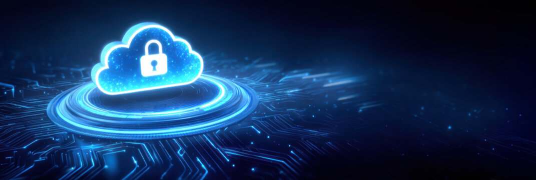 Secure cloud data storage with glowing padlock and circuit board background conveying protection