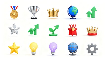 Achievement 3d icon set with medal, trophy, star, growth, innovation, award, idea, crown, globe, strategy. on white background