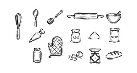 Hand drawn baking utensils and ingredients collection for kitchen enthusiasts