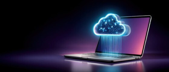 Data cloud projecting above laptop combining futuristic circuit pattern and vibrant glow