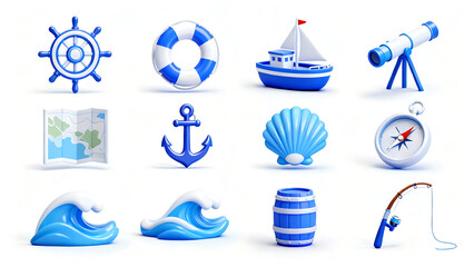Nautical 3d icon set. featuring wheel, lifebuoy, boat, telescope, anchor, map, shell, compass, wave, barrel, fishing rod. on white background