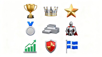 Achievements 3d icon set: trophy, crown, star, podium, medal, chart, shield, knight, flag. on white background