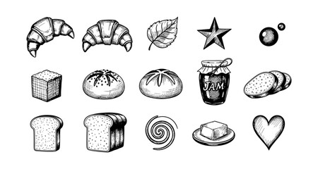 Hand drawn bakery and food sketches featuring bread, jam, and pastries