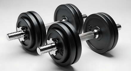 Naklejka premium Professional black dumbbells with chrome handles, ideal for strength training, muscle building, and effective fitness workouts, isolated on a clean white background