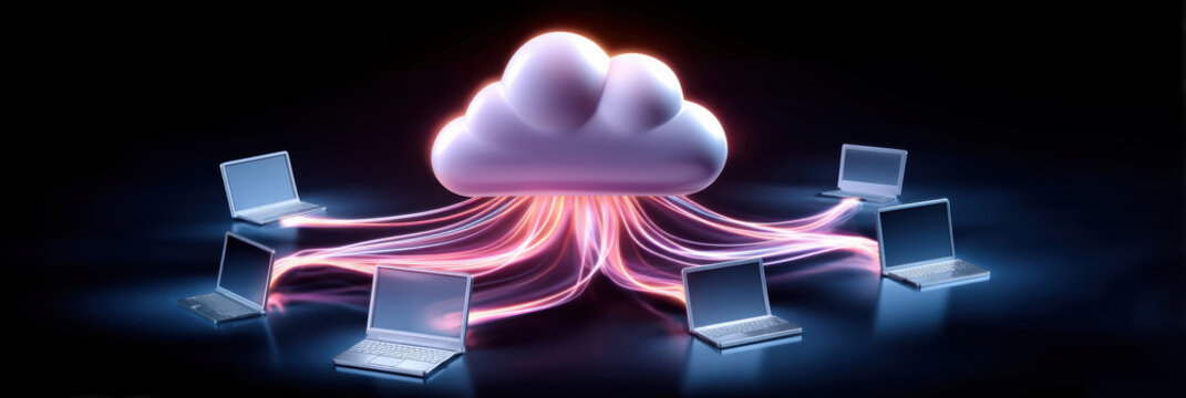 Cloud network connecting laptops with flowing data streams vibrant glowing connection
