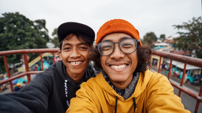 Man and woman taking selfie at amusement park ride.
