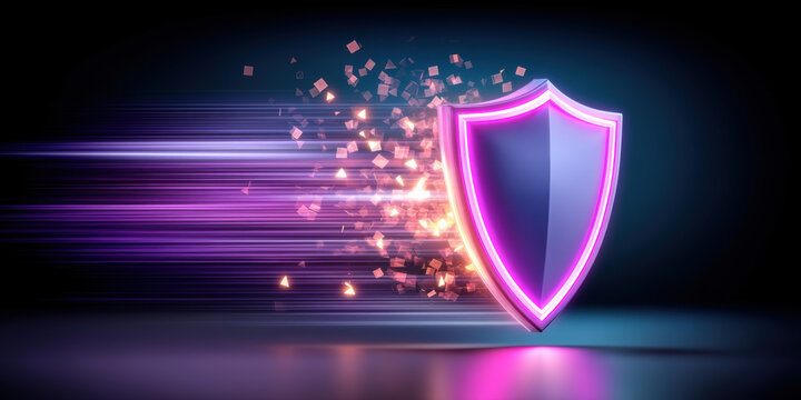 Data shield glowing with neon speed and digital particles in motion - Powered by Adobe