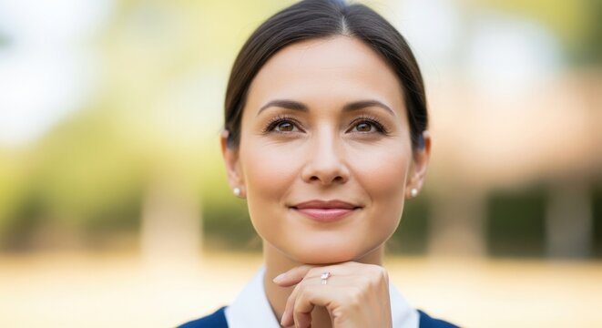 Confident professional woman with thoughtful expression looking