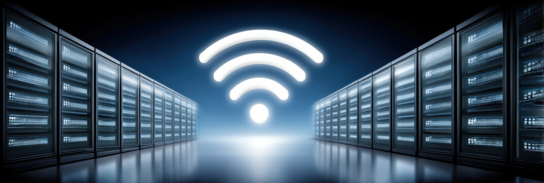Data center illuminated with wireless symbol glowing above rows of server racks conveying