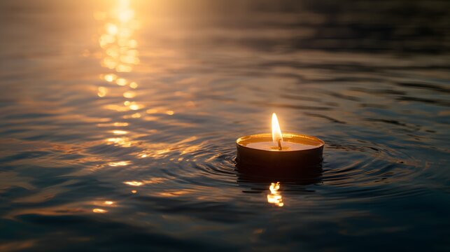 Single floating illumination casts reflection upon dark water surface during sunset - Powered by Adobe