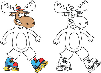Funny cartoon moose roller skating. Vector illustration of a cute animal character with colorful version and black and white outline for coloring book.