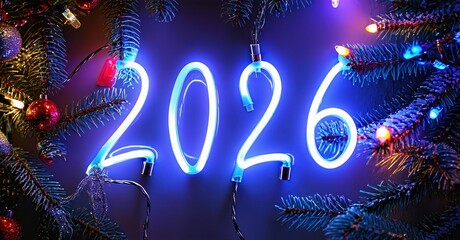 Bright neon numbers 2026 illuminate festive evergreen branches. Colorful lights add vibrant holiday spirit. Background is dark, creating contrast.