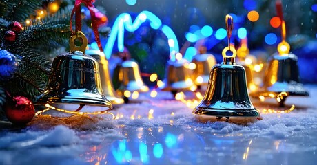 Silver bells rest upon snow. Bright lights create festive winter scene. Holiday decorations shimmer beautifully.