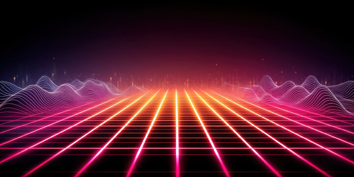 Data neon grid landscape with glowing retro futuristic wave and digital horizon