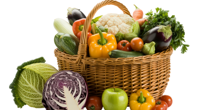 Wicker Basket Full of Fresh Vegetables and Fruits in Transparent Background Represents Abundance and Healthy Eating for Culinary and Dietary Themes