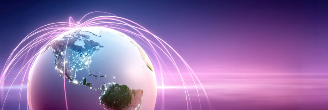 Data network globe with glowing connection arcs and illuminated cities night conveying global