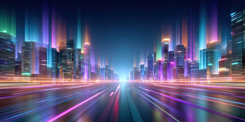 Data futuristic neon cityscape at night with glowing light trails and motion blur