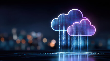 Data neon cloud rain of binary creating digital storage concept glowing city night