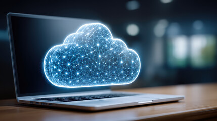 Data cloud network visualization glowing cloud above laptop desk modern office scene