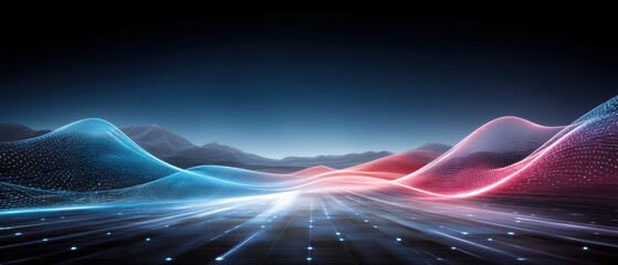 Data flowing across digital landscape with glowing grid and abstract wave patterns
