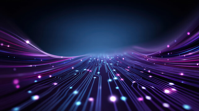 Data flowing through neon circuit pathways in futuristic abstract technology scene