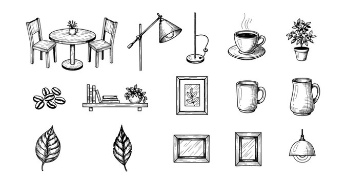 Hand drawn home decor and coffee elements collection in black and white - Powered by Adobe