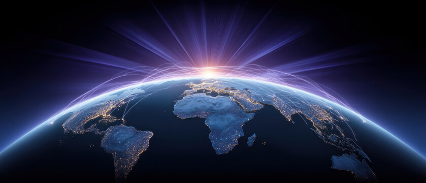 Data illuminated globe at sunrise connecting continents with light and network lines