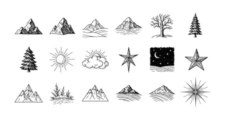 Fototapeta premium Hand drawn mountain and nature elements with celestial illustrations in ink style