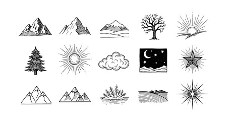 Hand-drawn nature elements: mountains, trees, and sunbursts in vintage style