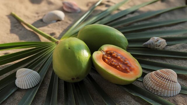 Fresh higo figs sliced open on stone plate with tropical leaves