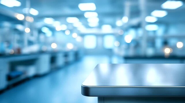 High-tech hospital lab interior with defocused blue lighting, faceless modern facility, research visualization detail, blurred medical background, laboratory concept, technology in