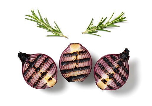 Three grilled red onions with fresh rosemary sprigs on a white background