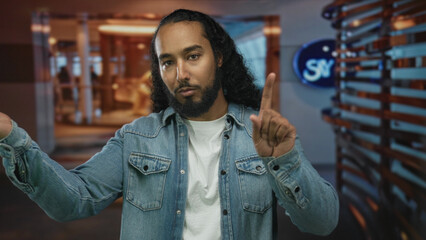 Man pointing index finger with open palm in a hotel building interior, denim shirt visible; calm confidence.