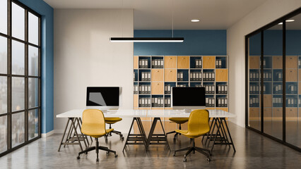 3D Creative working office interior with computer decorative with blue and yellow color