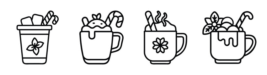Christmas holiday drinks vector art: hot chocolate, coffee, candy cane, and flower line drawing icon