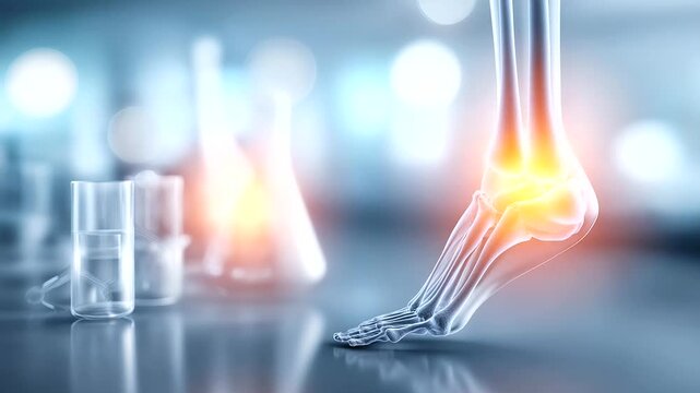 Human femur fracture illustration defocused background scientific, faceless orthopedic medicine, laboratory visualization detail, blurred chemical background, medical concept, rese
