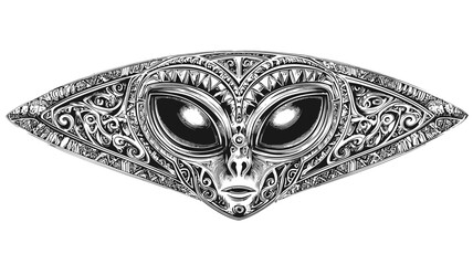 Intricate ornate alien face illustration, mysterious tribal extraterrestrial mask design with glowing eyes, sci-fi fantasy art