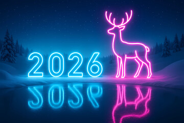 New Year's card 2026. Neon numbers 2026 and a neon image of a deer against the background of a snowy forest.