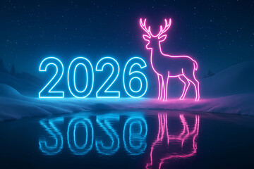 New Year's card 2026 in style. Neon numbers 2026 and a neon image of a deer against the background of a snowy forest.