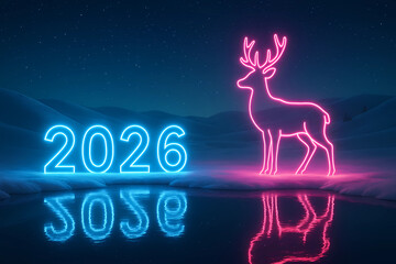 New Year's card 2026 . Neon numbers 2026 and a neon image of a deer against the background of a snowy forest.