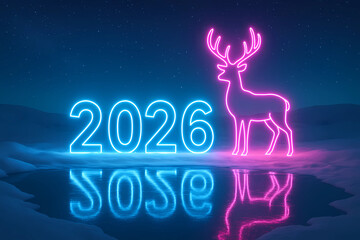 New Year's card 2026 in style. Neon numbers 2026 and a neon image of a deer against the background of a snowy forest.