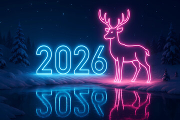 New Year's card 2026 in style. Neon numbers 2026 and a neon image of a deer against the background of a snowy forest.