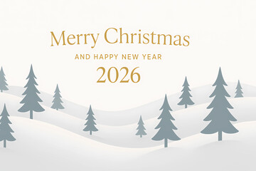 Stylish white New Year card 2026. Graphic Christmas trees, minimalistic design.
