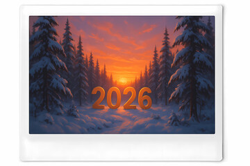 New Year's card 2026 in the polaroid style. The numbers 2026 against the background of a snow-covered forest and a bright sunset.