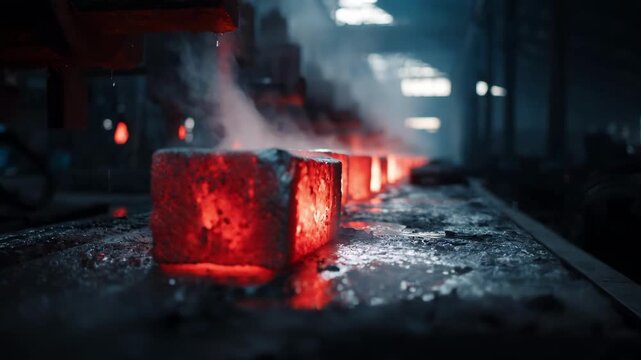Medium angle of billet casting operation focusing on the redhot iron billets being formed emphasizing the controlled cooling and shaping phase within a foundry.